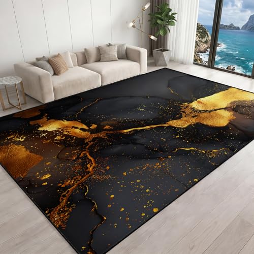 Black Gold Marble Area Rug 7x8ft Abstract Marble Texture Rugs Modern Light Luxury Style Carpet Washable Low-Pile Rug for Living Room Bedroom Home Decor