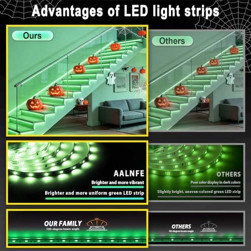 Image of Green Led Lights Strip Halloween Decor 50 FT Indoor Rope Lights Easy DIY Cuttable Strip Lights for Room Bathroom Living Room Kitchen Ceiling Wall Vanity Mirror Decor