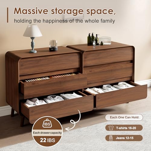 Image of Nasonet 3 Drawer Dressers for Bedroom, Mid Century Modern Chests of Drawers, Curved Dresser with Storage Drawer, Wooden Bedroom Furniture Drawer for Closet, Home Office, Walnut