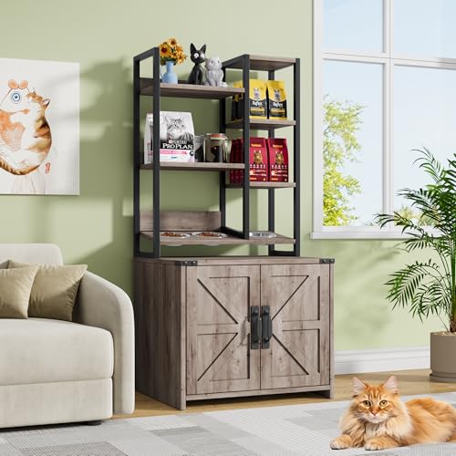 kepptory Cat Litter Box Enclosure with 4-Tier Shelves and Doors,Large Wood Hidden LitterBox Enclosure Furniture Cabinet with 3 Bowl Hole, Fit Most of Litter Box, Gray by kepptory - Used condition - Image 4