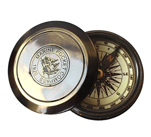 Brújula de bolsillo marina vintage 1920 de latón con tapa grabada instrumento náutico antiguo