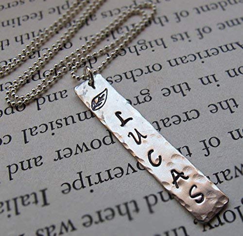 Name Necklace for Men - Hand Stamped Necklace - Stainless Steel Bar Pendant and Sterling Silver Chain - Mens Jewelry