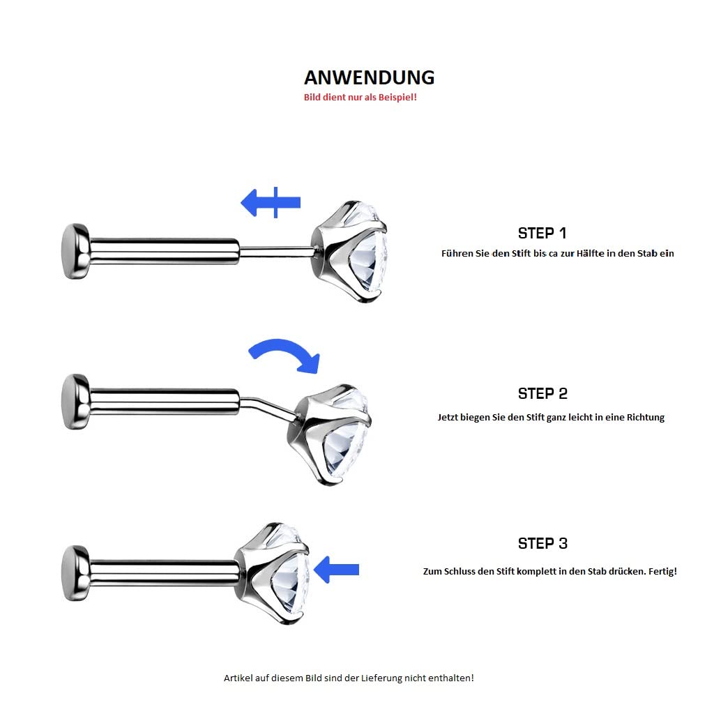 Paula & Fritz® Push-In Aufsatz Synthetischer Stein Titan-IUM Grade 23 Piercing Set Mehrfarbig 4-mm Ohr-Stecker Labret Stud Nipple Straight Barbell