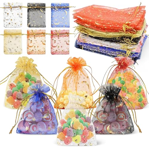 120 Unidades Bolsas de Organza Pequeñas, 9x12 cm Bolsas Pequeñas para Rellenar, Motivos de Luna y Estrellas Bolsas de Regalo con Cordón para Boda Fiestas de Bautizo Bolsas de Navidad para Bisutería