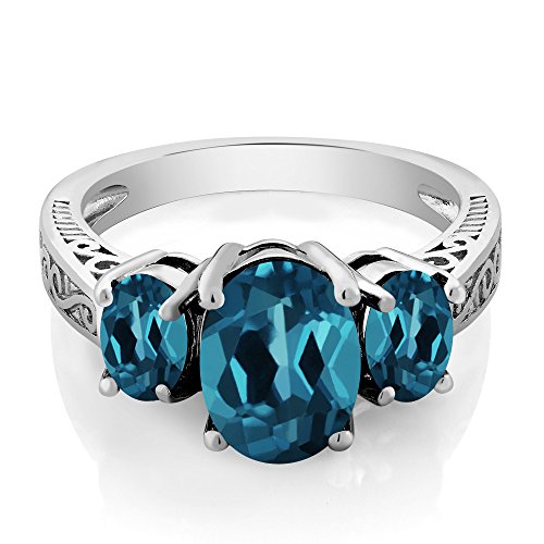 Gem Stone King 925 Sterling Silver London Blue Topaz Women's Engagement 3 Stone Ring (2.80 Cttw Oval) (Size 7)