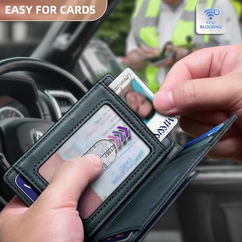 Image of Contacts RFID Blocking Magnetic Closure Slim Genuine Leather Front Pocket Wallet for Men Holds up to 12 Cards Including 1 ID Window with Money Clip (Blue)