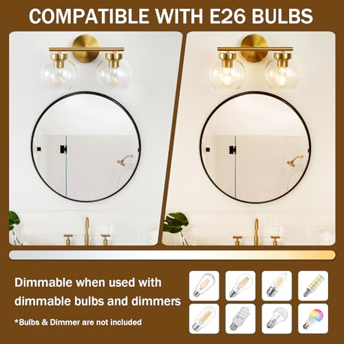 Image of Gold Vanity Light, 2 Light Bathroom Vanity Light with Clear Globe Glass Shades, Modern Bathroom Light Fixture Over Mirror, Brass Wall Sconce Light for Bedroom Restroom, E26 Socket