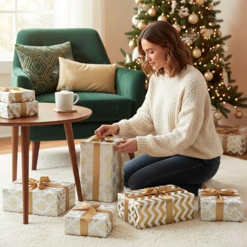 Image of SATYAM KRAFT 5 Pcs White & Golden Premium Design Gift Wrapping Paper for Him /Her gift Packing Sheets Decorative Romantic Gift Wrap for Birthday Anniversary Wedding Return Gifts Packaging material