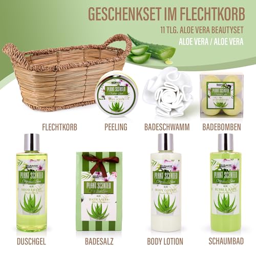 BRUBAKER Cosmetics Bade- und Dusch Set Aloe Vera - 11-teiliges Geschenkset im Flechtkorb