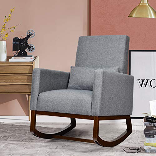 Giantex Upholstered Rocking Chair, Modern High Back Armchair, Comfortable Rocker With Fabric Padded Seat, Waist Pillow And Wood Base Accent Chair For Nursery, Living Room, Bedroom, Office, Gray #TOP5