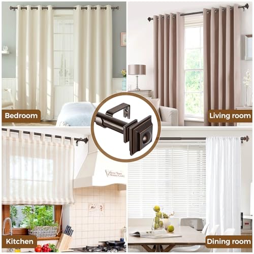 KAMANINA Bronze Curtain Rods for Windows 48 to 84 Inches, 1 Inch Heavy Duty Curtain Rod 32 to 86 inch(2.6-7.1ft), Single Drapery Rods with Square Finials