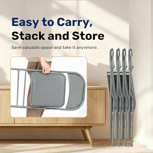 Image of Simple Deluxe Dining Chairs Set of 2, Leather Cushion Foldable Modern Kitchen Side Chair with Padded Back& Metal Legs, Upholstered Dinner Seat Gift for Home /Living Room /Bedroom /Restaurant, Grey