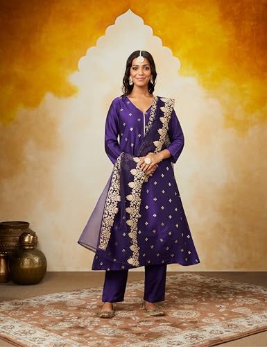 Image of Amazon Brand - Myx Women Kurta Pant Set with Embroidered Organza Dupatta | Viscose,Rayon | A-line fit (Available in Plus Sizes)