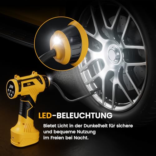Ipflin Elektrische Auto Luftpumpe Akku Fahrradpumpe - Tragbare Luftpumpe Fahrrad 150PSI - 22L/min Akku Kompressor mit LED-Anzeige/Licht - 4 Voreingestellte Modi für Auto/Fahrrad/Motorrad/Ball