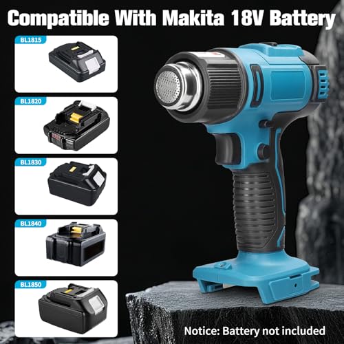 Heißluftpistole Kompatibel mit Makita 18V — Kabellose Heißluftgebläse mit LCD-Display, Elektrische Heißluftfön mit 5 Düsen und Einstellbarer Temperatur 50°C-550°C, für Basteln,Schrumpfen(Ohne Akku)