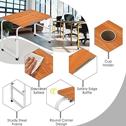 CASART Rolling Overbed Table, Height & Length Adjustable Laptop Study Desk with Tiltable Desktop, Mobile Computer Workstation for Home Office Use (Coffee + White)