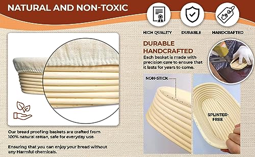 Lithos Bread Proofing Basket Set Of 2-10 Inch Oval Banneton Baskets Kit - Splinter-Free Rattan Bowl, Non-Stick, Cloth Liners & 4 Accessories - Gifts For Home Bakers #TOP5