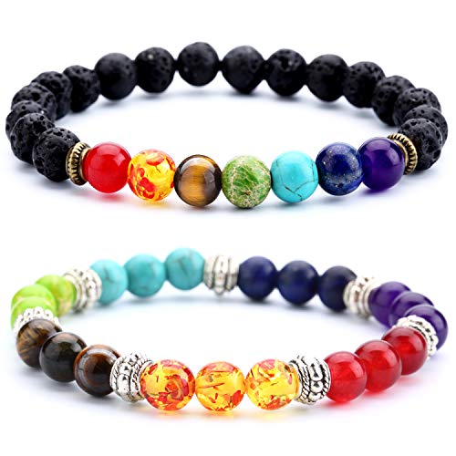 Doitory Men Women 8mm Lava Rock 7 Chakra Essential Oil Charms Bracelet Elastic Natural Stone Yoga Beads Bracelet Bangle-21001 (2 Pcs Set 2-21001)