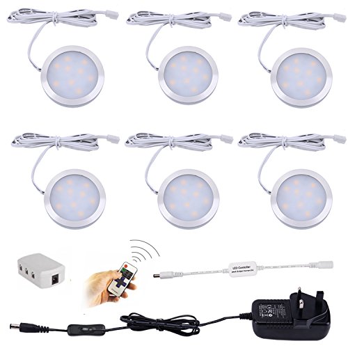 Preisvergleich Produktbild Aiboo Dimmbare LED Unterschrank Küche Beleuchtung Zähler Vitrinenbeleuchtung mit Stecker und dimmbarer Funkfernbedienung Funkfernbedienung 6 Ultra Slim Puck Lights Kit - 2.700 K Warmweiß