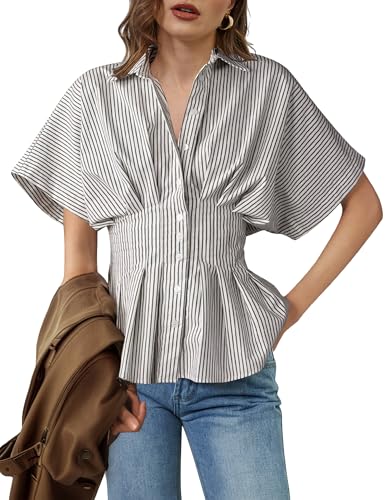 Women Casual Button Down Pleated Shirt Summer Short Sleeve Striped Print Peplum Blouses Business Dressy Tops