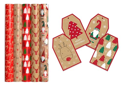 10m Eco Friendly Kraft Christmas Wrapping Paper Roll Recyclable Gift For Birthday Present Party Christmas Decorations(2M X 5 Rolls)
