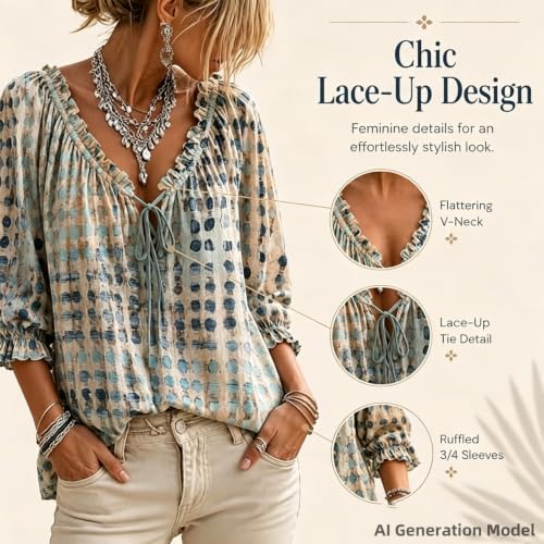 Polka Dot Lace Up Blouse for Women,V Neck Abstract Print Drawstring Shirts – vue 6