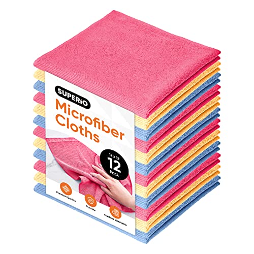 Superio Microfiber Cleaning Cloths Color-Coded for Easy Organization, Ultra-Soft, Durable, Multi-Purpose Cloths for Bathroom, Kitchen, Windows, Furniture, Electronics (Pink+Blue+Yellow)