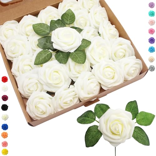 25pcs Faux Off White Roses - Real Touch Foam Artificial Flowers with Stem for Wedding Decor, Bridal Shower, Crafts, Home, Baby Shower, Valentines Day Decoration