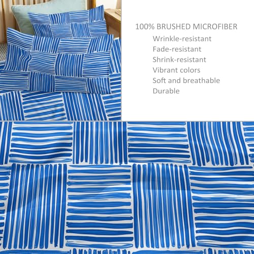 Linge de lit 240x260 microfibre douce motif rayures bleu élégant - 7
