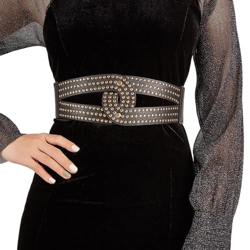Women's Studded Vintage Wide Waistband Cinch Belts Rivet Elastic Fashion Leather Stretchy for Dresses(Black-1)