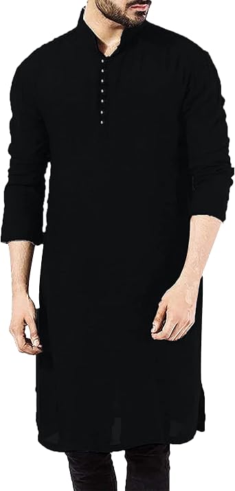 YAOHUOLE Mens Ethnic Kaftan Moroccan Thobe Cotton Linen Kurta for Men Long Sleeve Islamic Robes