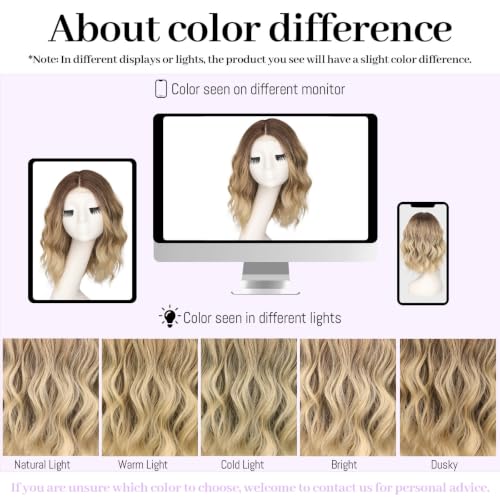 Image of Eawwii Brown to Blonde Short Wavy Wig for Women Lace Hairline Bob Style Synthetic Heat Resistant - Natural Appearance for Everyday Hairstyle 14 Inch