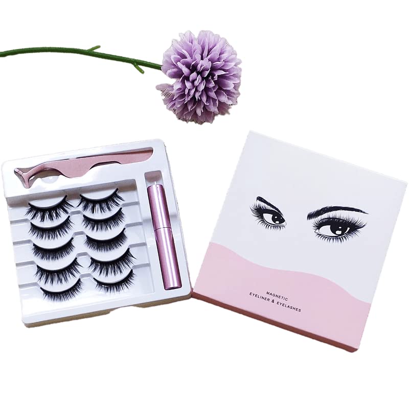 [5 Pairs and Five Styles ] Magnet Eyelashes, Natural Look, False Eyelashes, 5 unique pairs, advanced level, 3D eyelashes, reusable with eyeliner and tweezer KIT