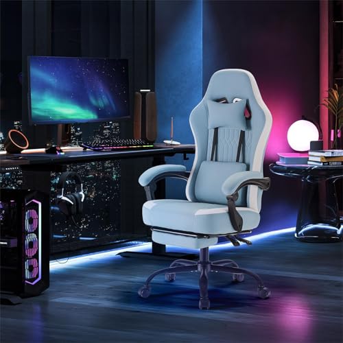 Image of DUMOS Gaming Chair with Linkage Armrests, Video Game with Pocket Spring Cushion, Ergonomic Computer Silla Gamer Office Desk Chair with Footrest for Adults & Students, Blue