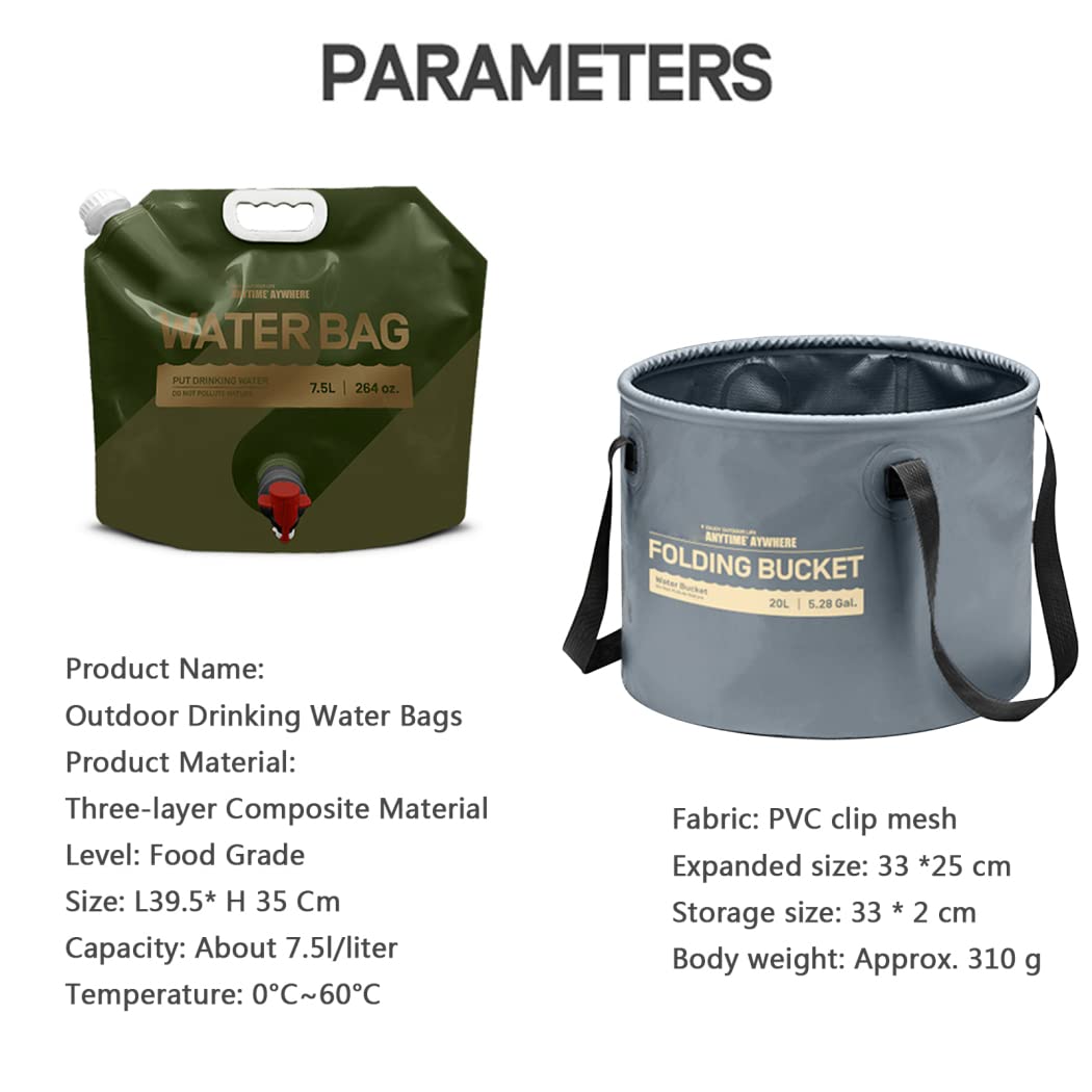 2 Piezas Bidón Agua Plegable 7.5L + 1 Piezas Balde 20L, Bolsa de Contenedor de Agua de Emergencia, Bolsa de Almacenamiento de Agua Portátil Plegable para Deportes,Montañero,Fiesta