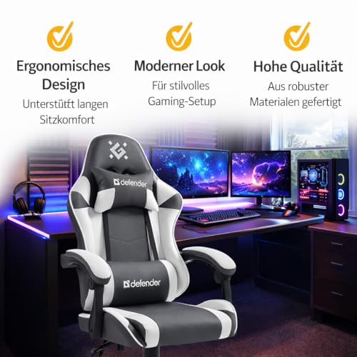 Defender® Gaming Stuhl, Ergonomischer PC Stuhl, bequemer Bürostuhl für Home Office oder Gamer-Sessel, Kopfkissen, Höhenverstellbar, Computerstuhl, Computersessel, Weiss-Grau