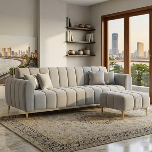 Image of CASASTYLE Hanster 4 Seater L Shape Sofa Set with Movable Ottoman | Flexible Left or Right Layout | Cozy Velvet Fabric | Soft Touch Seating with Golden Legs | Sofa for Living Room (Light Grey)