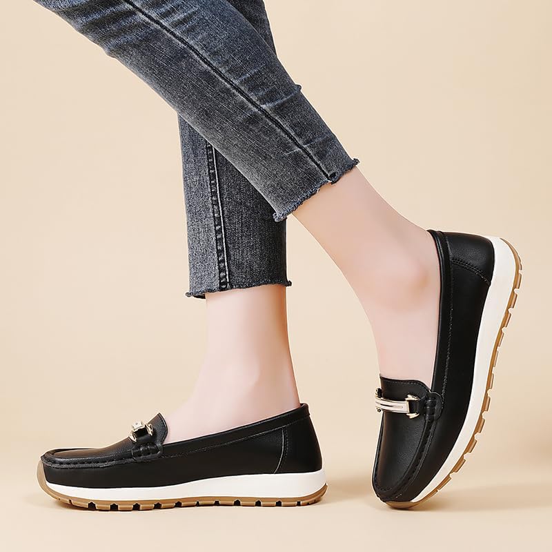 Women's Platform Loafers - Black Faux Leather Slip-On Shoes with Metal Buckle, Comfortable Cushioned Insole, Non-Slip Sole for Daily Wear & Work