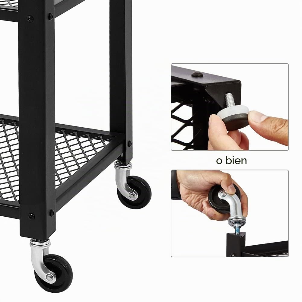 Meerveil Carrito de Servicio,Carrito de 3 Pisos Carrito,Tipo Industrial Estantería Metálica con Ruedas,Organizador de Almacenamiento,Fácil de Montar,para Cocina,Sala de Estar, Oficina y Baño