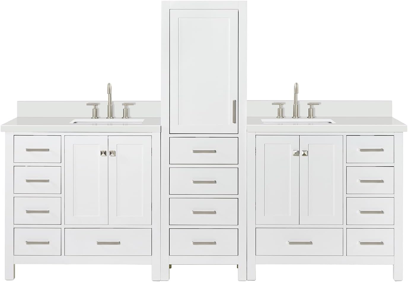 ARIEL Cambridge 94 Inch Includes 1PCS 20 Inch Linen Cabinet, 2PCS 37 Inch Single Rectangle Sink Bathroom Vanity with Pure White Quartz Countertop 1.5 Inch in White
