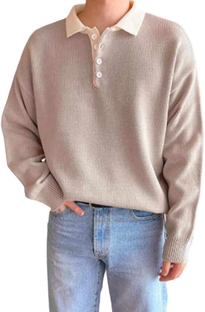 Men's Loose Knitted Polo Shirt Solid Color Crew Neck Sweatshirt Couple's Casual Long Sleeve Top