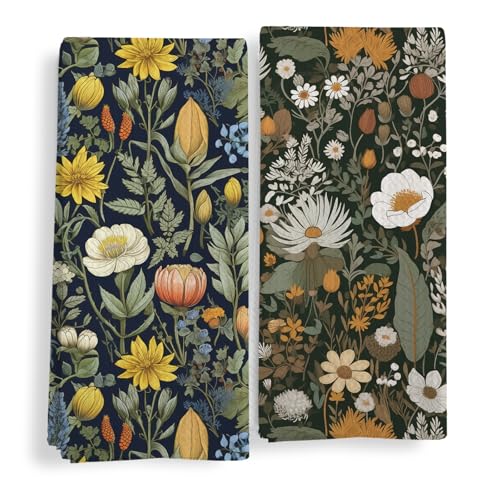 Qeheb Vintage Boho Floral Kitchen Towels Set of 2, Retro Wildflowers Decorative Dish Tea Towels, Cottagecore Botanical Hand Towels for Bathroom, Cottagecore Floral Bathroom Decor, 16X24In