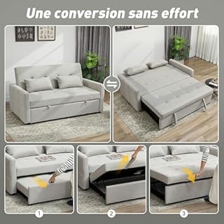 HOMCOM Canapé Convertible 2 Places 3 en 1, canapé-lit clic-clac 137x180cm, lit gigogne, Dossier réglable, 2 Coussins, Assise Large, Tissu Lin, pour Salon, Appartement, Petit Espace, Marron Clair
