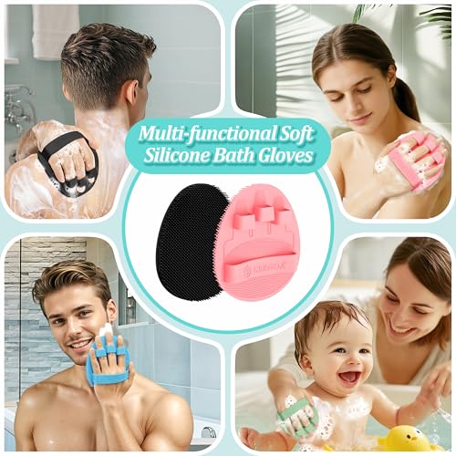 GEENOA Upgrade Silicone Body Scrubber with Straps, 360° Anti-Slip & Enlarged Exfoliating Shower Scrubber for Rich Foaming Deep Cleaning, No-Grip & Hand-fit Bath Glove for All Skin Types(Black+Pink) 2PCS