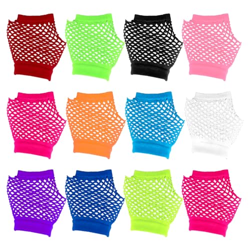 KALIONE 12 Paar Fingerlose Netz-Handschuhe in Neonfarben, Damen Kurze Hnetzhandschuhe 12 Farben Vintage Neon Netz Handschuhe Kostümzubehör für 70er/80er Jahre Party Tanz, Punk, Disco, Kostüm Party