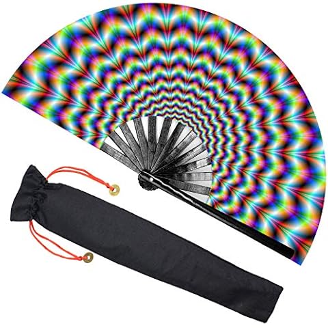 Zolee Large Rave Folding Hand Fan with Bamboo Ribs for Men/Women - Chinese Japanese Handheld Fan with Fabric Case - for Dance Music Festival Party, Performance, Decorations, Gift (Trippy Waves) Cover