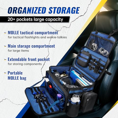Patrol Bag Law Enforcement, Extra Large Police Gear Bag for Car Front Seat Organizer with a MOLLE Pouch & 15.6In Laptop Layer, Multiple Compartments Police Duty Bags Fit Vehicle Passenger Seat, Black