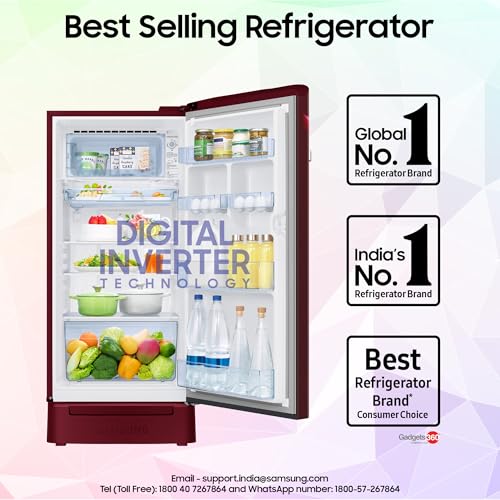 Image of Samsung 189 L, 5 Star, Digital Inverter, Direct-Cool Single Door Refrigerator (RR21H2H25RZ /HL, Midnight Blossom Red, Base Stand Drawer, Single Touch Defrost, 2026 Model)
