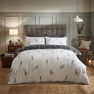 Sleepdown Stag Brushed Cotton Grid Reversible Piped Edged Thermal Warm Cosy Super Soft Duvet Cover Quilt Bedding Set with Pillow Case - Single (135cm x 200cm) - Grey