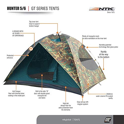 Ntk Hunter Gt 5 To 6 Person | 9.8 By 9.8 Foot Outdoor Dome Woodland Camo Camping Tent 100% Waterproof 2500Mm, Easy Assembly, Durable Fabric Full Coverage Rainfly - Micro Mosquito Mesh #TOP3